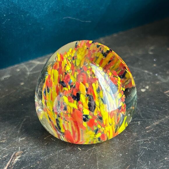 Art Glass Small Yellow Orange Red Paperweight - Picture 1 of 7